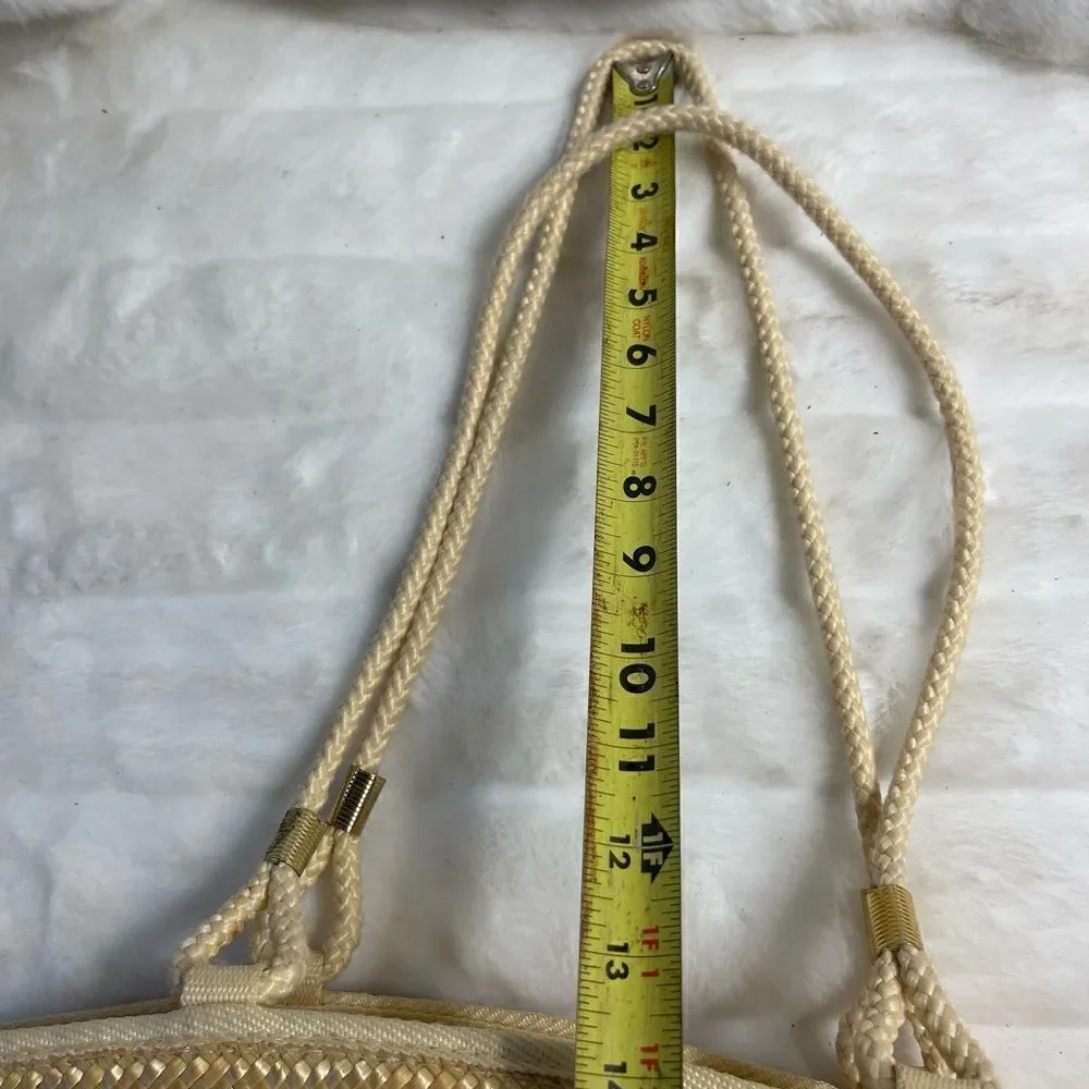 Natural straw bucket style tote bag with rope straps with gold tone acce…
